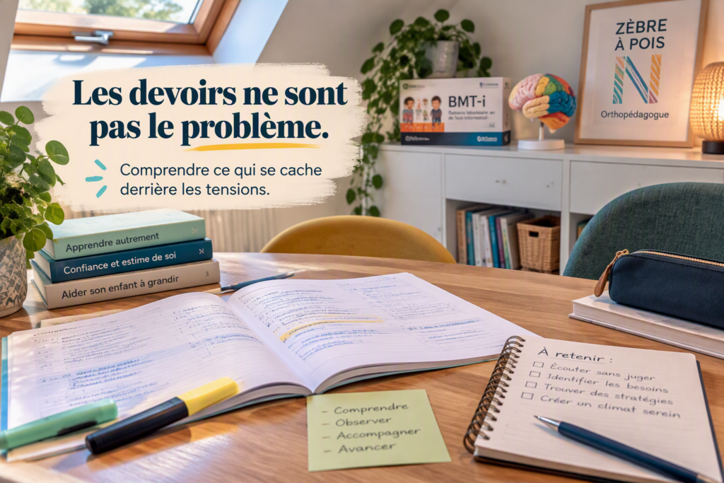 Cahier de devoirs ouvert sur une table dans un cabinet d’orthopédagogie avec la phrase « Les devoirs ne sont pas le problème ». Illustration des tensions liées aux devoirs et de l’accompagnement des familles.