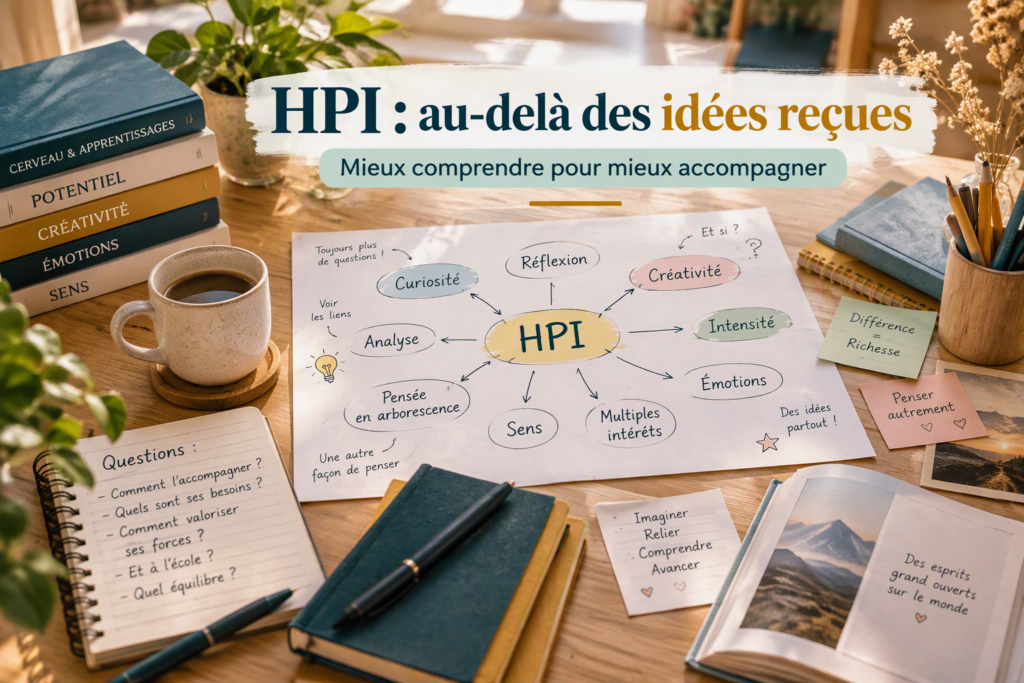 Schéma illustrant le haut potentiel intellectuel (HPI) chez l'enfant avec les caractéristiques souvent associées comme la curiosité, la créativité, l'intensité émotionnelle et la pensée en arborescence.