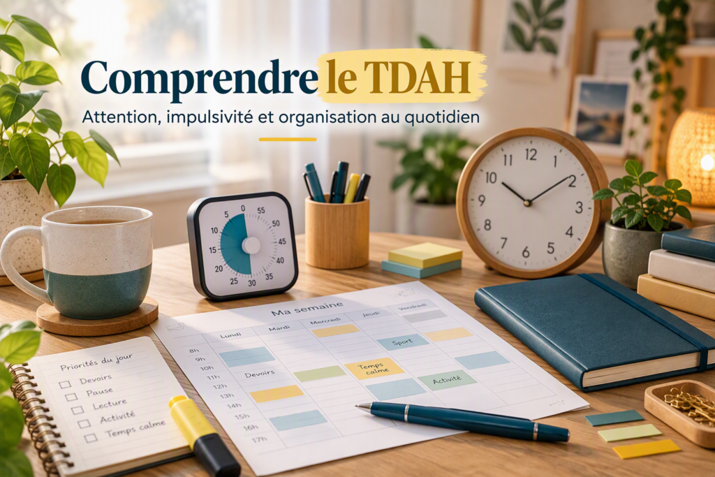 Comprendre le TDAH : outils d'organisation, gestion du temps et stratégies d'attention pour les enfants et adolescents.