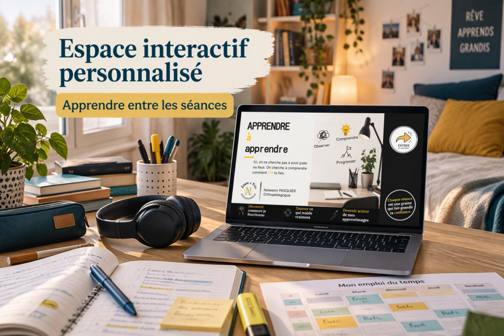 Espace interactif personnalisé permettant à l'enfant de retrouver ses stratégies d'apprentissage et ses outils entre les séances d'orthopédagogie.