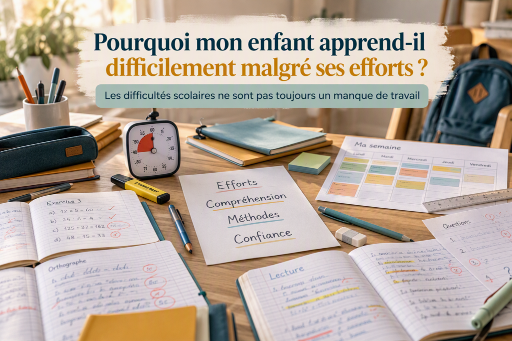 Illustration représentant un enfant qui travaille et fournit des efforts à l'école mais rencontre des difficultés d'apprentissage. Le visuel met en avant les notions de compréhension, méthodes de travail, confiance en soi et accompagnement scolaire.